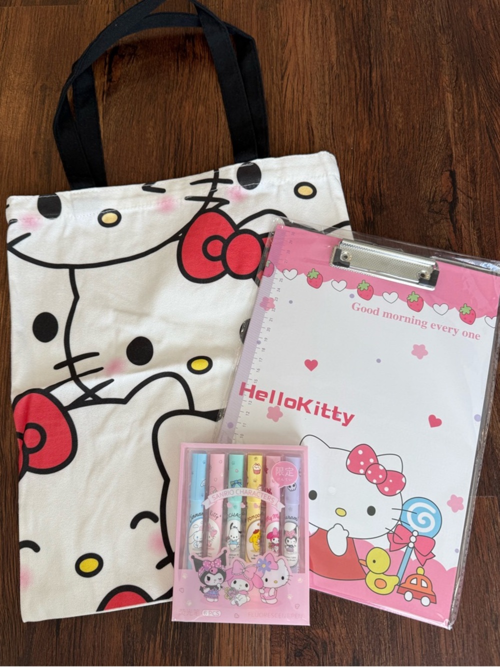 Hello Kitty Tote Bag Bundle with Clipboard & Highlighter Pens